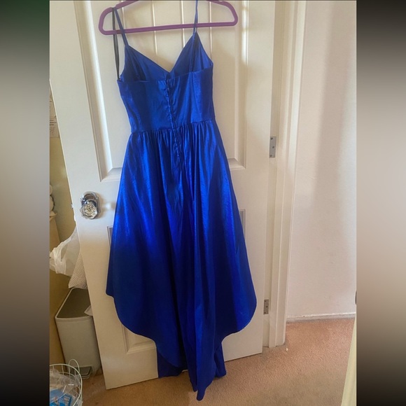 B Darlin Taffeta Stretch Shimmer Gown Royal Blue High Low Maxi Prom Party Dress - Picture 4 of 6
